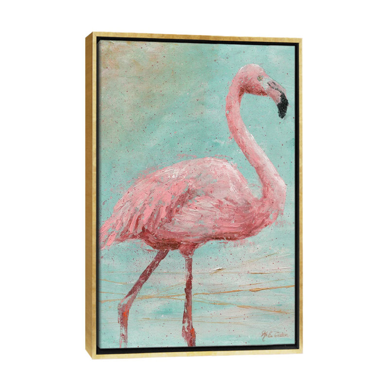 Reproduction d’art, "Pink Flamingo I" par Marie Elaine Custer, H 26 po x l 18 po x 1,5 po, Toile encadrée d'or, Pas de tapis