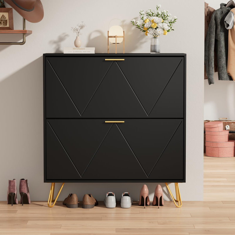 18 Pair Shoe Storage Cabinet With 2 Drawers, Black