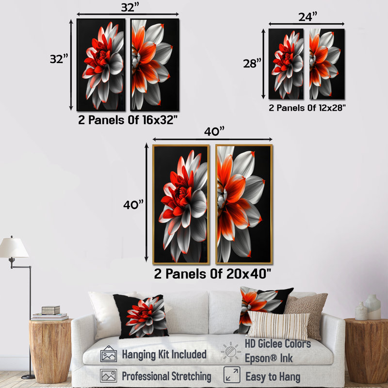 Ensemble de 2 pièces d'art mural rouge et gris Dahlia, Cadre flottant doré, H 28 po x l 24 po