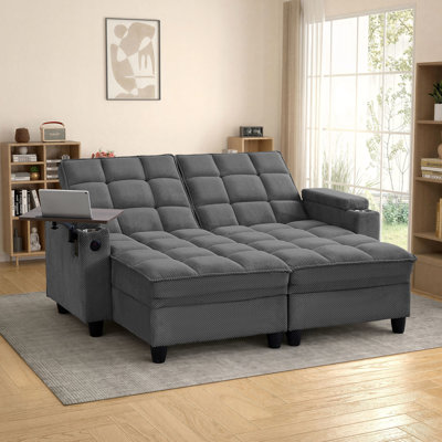 2-Piece Convertible Sofa Bed Chiase Lounge with USB&Type-C, 2 Cup Holders, Side Table, Under-seat Storage&Storage Armrests