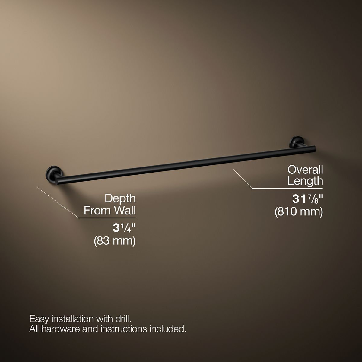 Purist 30" Wall Mounted Towel Bar, 1.88" H x 30" L x 3.25" D, Matte Black