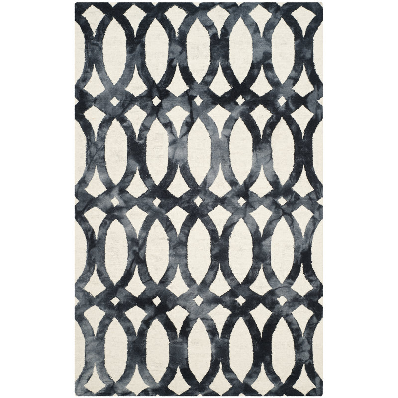 Amekia Hand Tufted Wool/Cotton Geometric Rug in Graphite/Ivory, Rectangle 11' x 15'