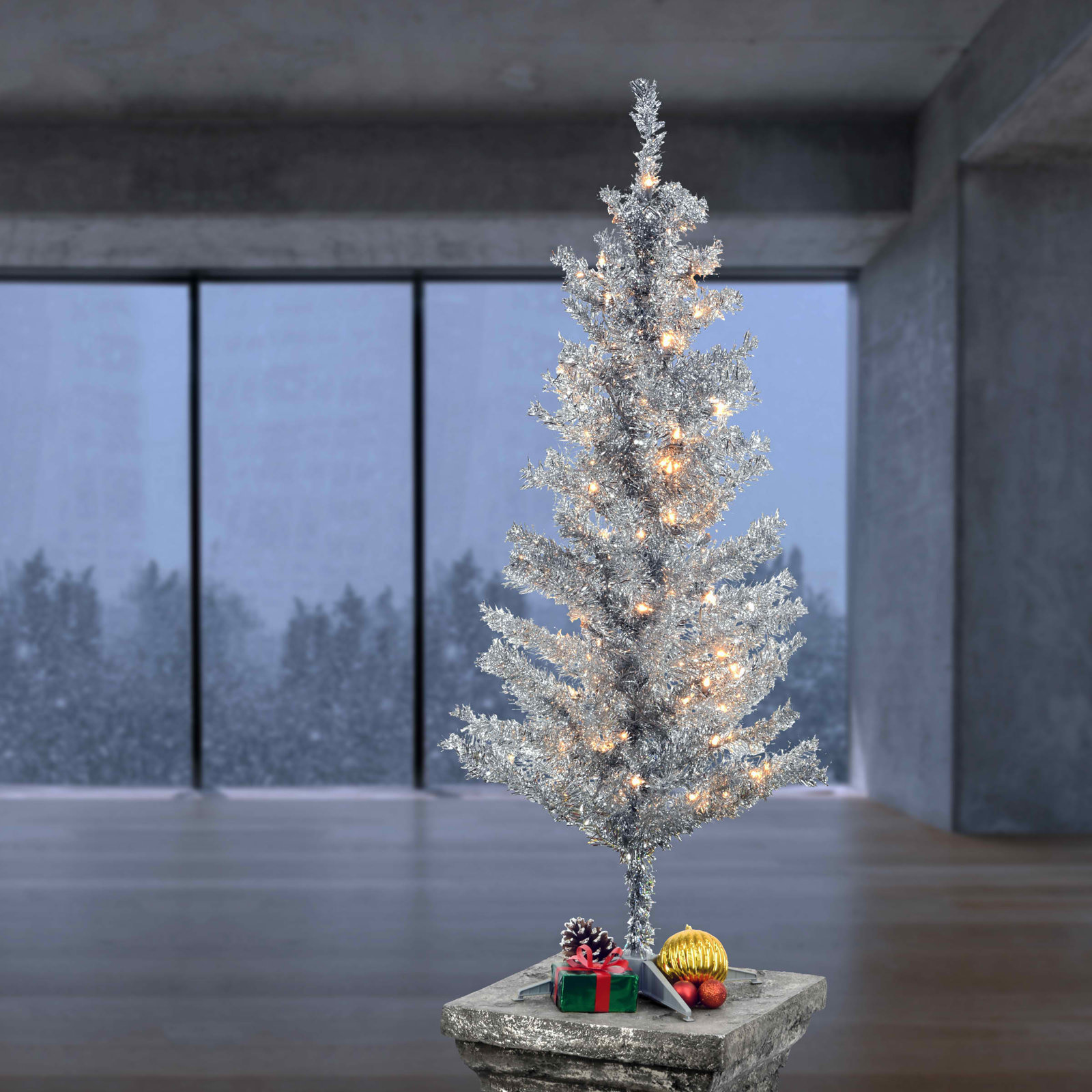 Silver Pre-Lit Pine Christmas Tree, 4'