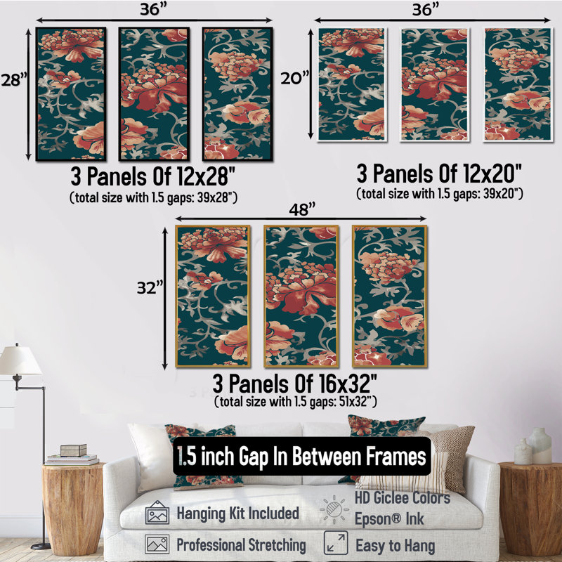 Fleurs chinoises rouges sur fond vert foncé - ensemble de 3 toiles encadrées, H 28 po x l 36 po x P 1 po, Noir