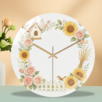 Horloge murale silencieuse en verre trempé de 30 cm, motif « Couronne florale avec 1 », sans tic-tac, fonctionne avec des piles AA (non incluses), décoration artistique pour la maison