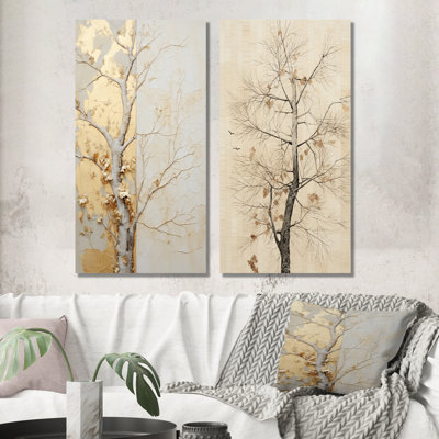 Arbre doré et beige, tilleul américain - ensemble de 2 reproductions d'art sur toile de tilleul américain