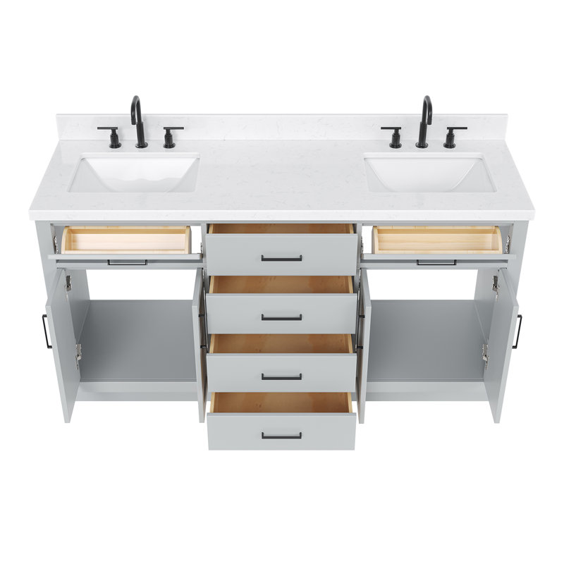 Meuble-lavabo double en bois massif 66 po avec plateau en quartz Carrara de 1,5 po Thornaby, Forme rectangulaire