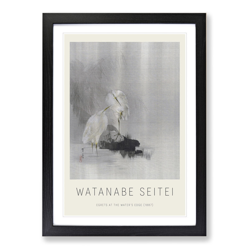 Egrets At The Waters Edge by Watanabe Seitei - Single Picture Frame Print, Black Framed, 65cm H x 48cm W x 2cm D