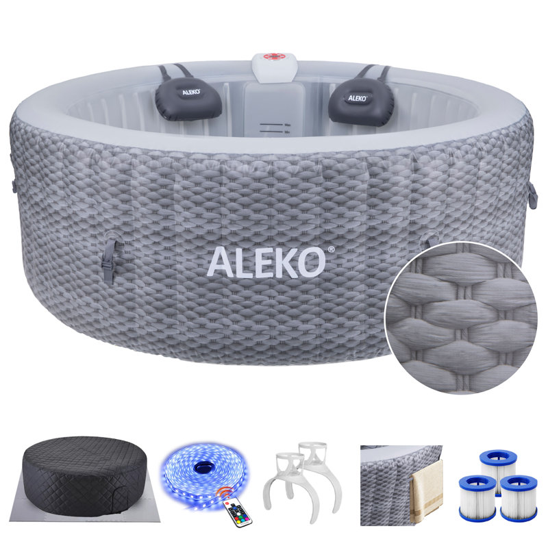    ALEKO Diamond Inflatable Jetted Round Hot Tub with Energy Efficient Cover 4 Person, Black