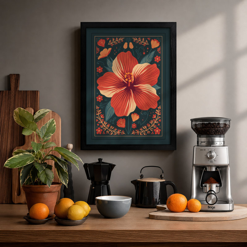 Hibiscus in Bloom Botanical - Framed Print, A2 - 59.4 x 42.0 cm, Black