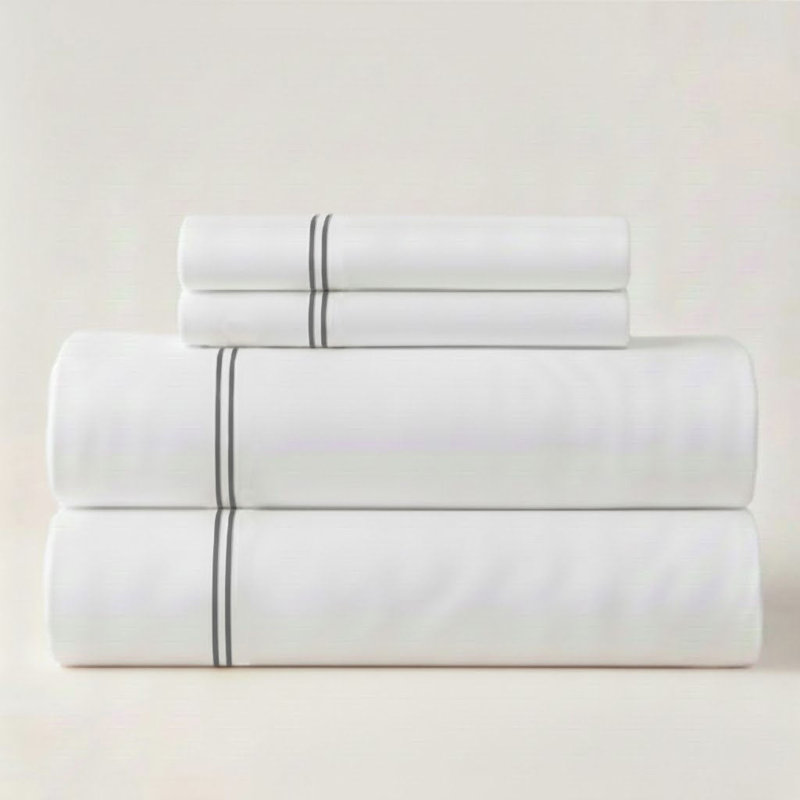 500TC Cotton Double Embroidery Sateen Solid Cotton 4 Piece Sheet Set Fitted Sheet Fits Upto 16" Deep Pocket, Dark Gray Border