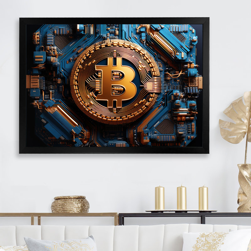 Azur, mode, Bitcoin - art mural mode, Cadre simple noir, H 34 po x l 44 po x P 1,5 po