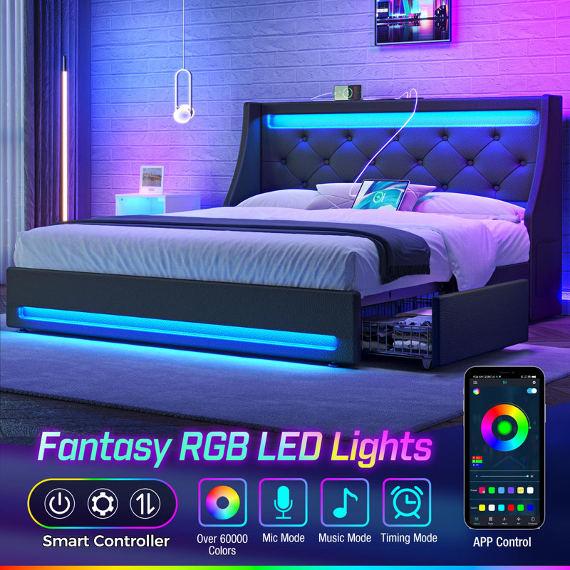 Komor Upholstered Storage Bed with Charging Station and LED Lights, Full/Double, Black