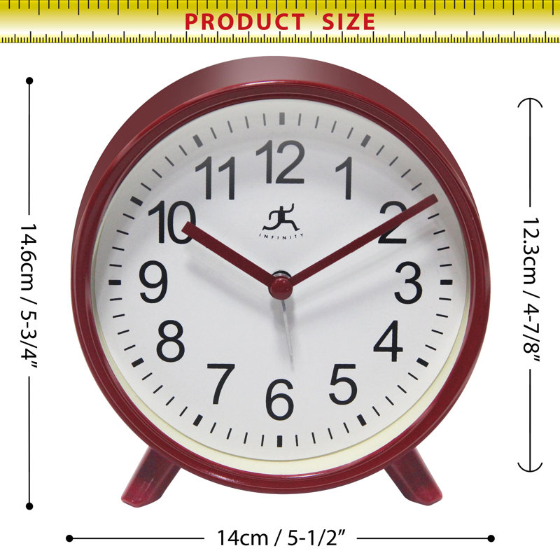 Horloge de table ronde en plastique avec alarme 5,75 pouces, Rouge