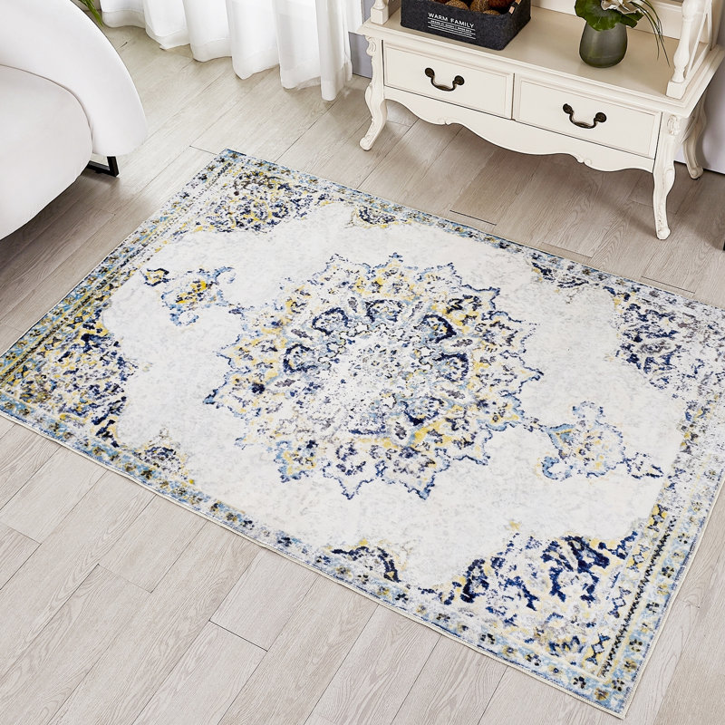 Floranne Oriental Non-Slip Machine Washable Vintage Area Rug in Blue/Yellow/Cream for Living Room, Bedroom, Hallway Runner Indoor Rugs (3'×5')