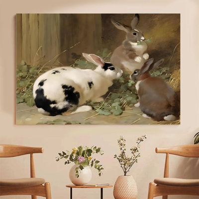 Plat en 2 dimensions, art mural sur toile encadré 1pc, portrait de groupe de lapins, scène de l'habitat naturel, impression sur toile réaliste, reproduction d'art sur toile, décoration murale, cadeau idéal pour chambre à coucher, vestibule, prêt à accrocher