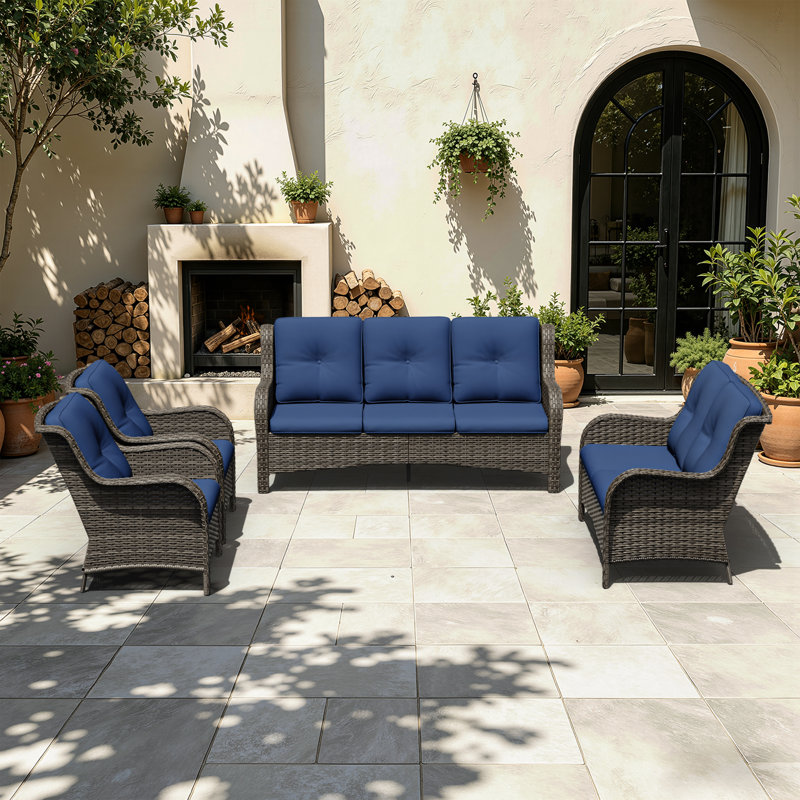Ensemble de conversation d'extérieur en osier pour patio, meubles en rotin PE toutes saisons 4 pièces avec canapé 3 places, fauteuils et coussins moelleux, parfait pour la cour, le porche, la terrasse et la piscine