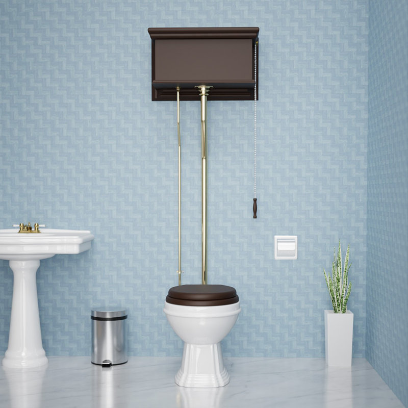 Toilette en chêne foncé à cuve allongée avec cuve allongée et tuyaux en laiton (siège non inclus), Chêne foncé antique / or