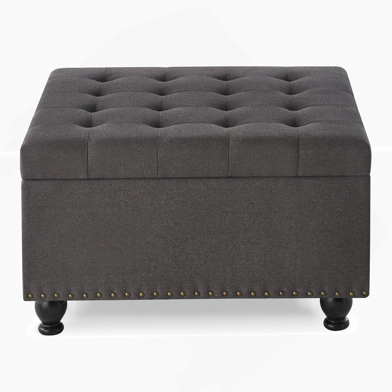 Large Square Storage Ottoman With Wooden Legs, Upholstered Button Tufted Coffee Table, Dark Gray