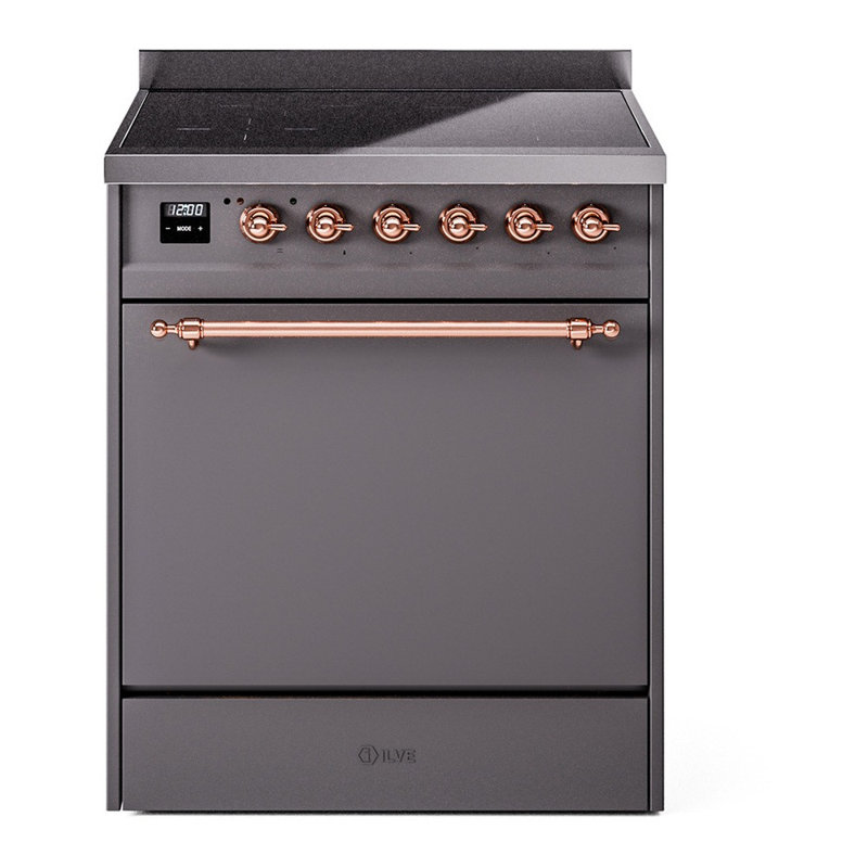 Cuisinière à induction 30 pouces avec 4 éléments à induction (porte pleine) ILVE Nostalgie II Series, Graphite mat / cuivre