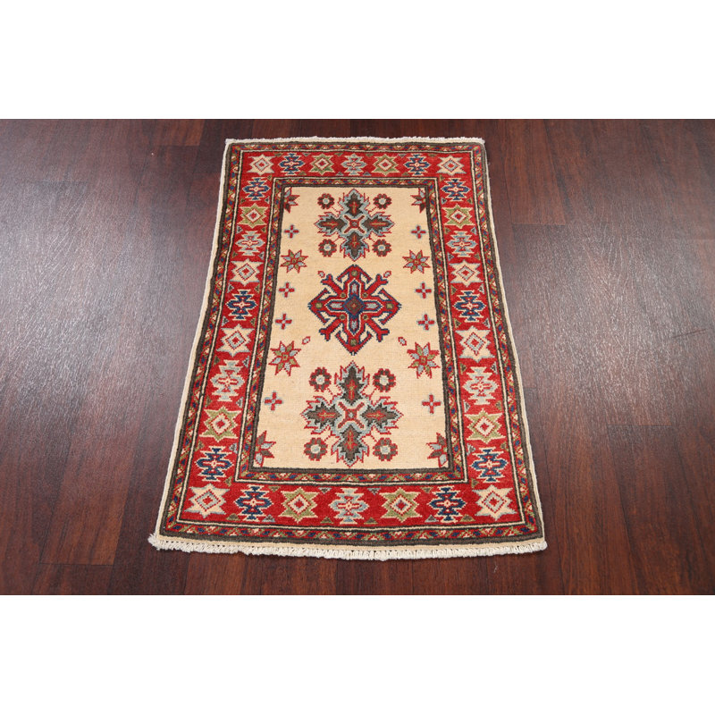 Tapis de zone en laine rouge/beige 2 pi 1 po x 3 pi 2 po one-of-kind à la main noué la kazak Annetraud