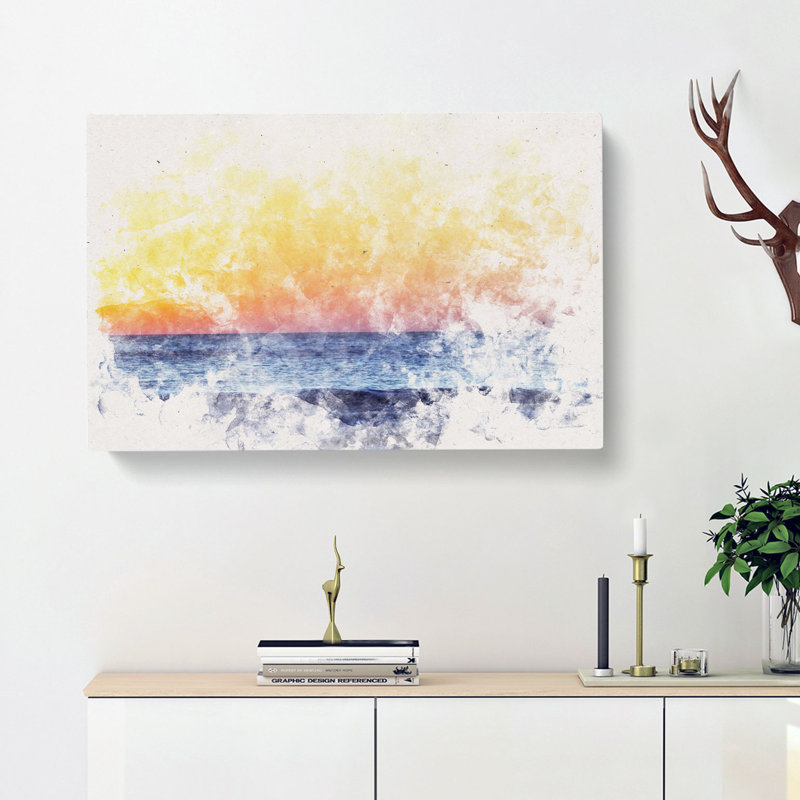 Orange Sunset Abstract Watercolour - Wrapped Canvas, 60cm H x 91cm W x 3cm D