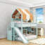 Lit mezzanine double avec auvent, glissade, tablettes, garde-corps et escalier de rangement-462528491