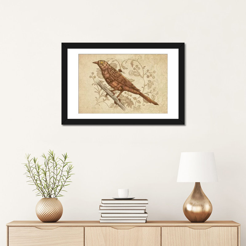 Steampunk Songbird, impression sur toile tendue, H 16 po x l 24 po x P 1 po, Papier d'art encadré noir, Blanc