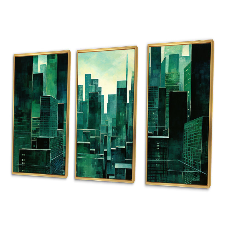 «Jade Juxtaposition Green Skyscraper Cityscape» - ensemble d'art mural sur toile gratte-ciel, Cadre flottant doré