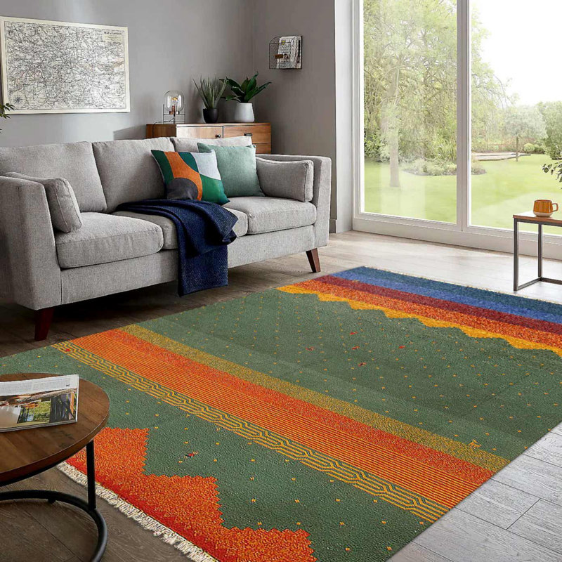 Tapis vert / bleu / rouge en laine et en coton 8 pi 3 po x 10 pi 1 po No Motif