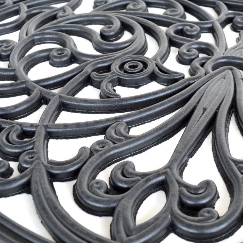 Decorative Black Scrollwork Rubber Semi-Circle Entry Mat 18 x 30 in.