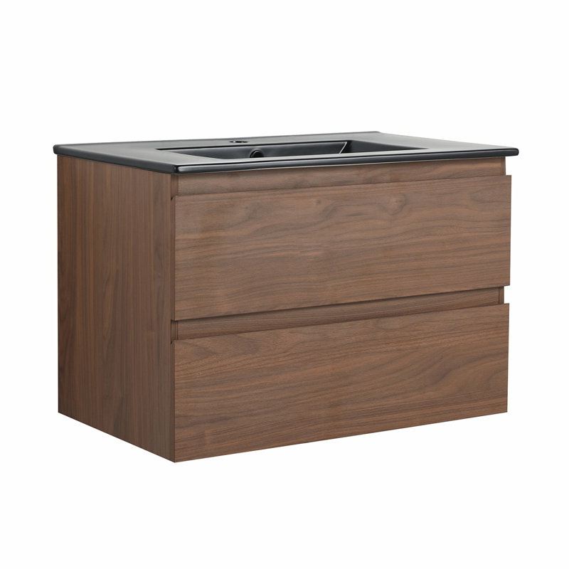 Meuble-lavabo mural 30 po avec lavabo noir, Chêne brun