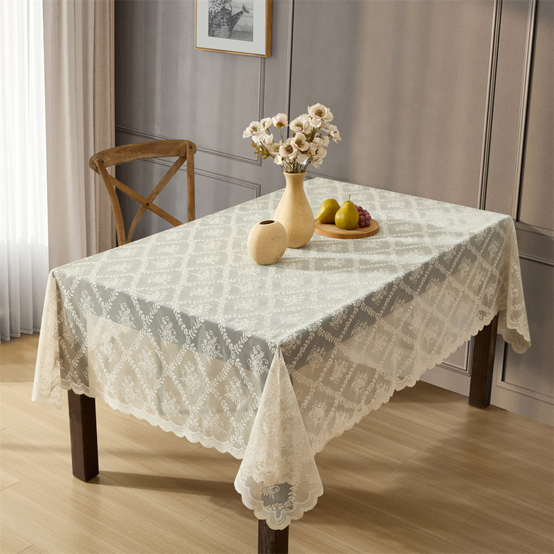 Hayson Floral Lace Fabric Tablecloth, Lace Fabric Table Cloth for Rectangle Tables, Wrinkle Resistant Tablecloth, Patterned Scalloped Tablecloth