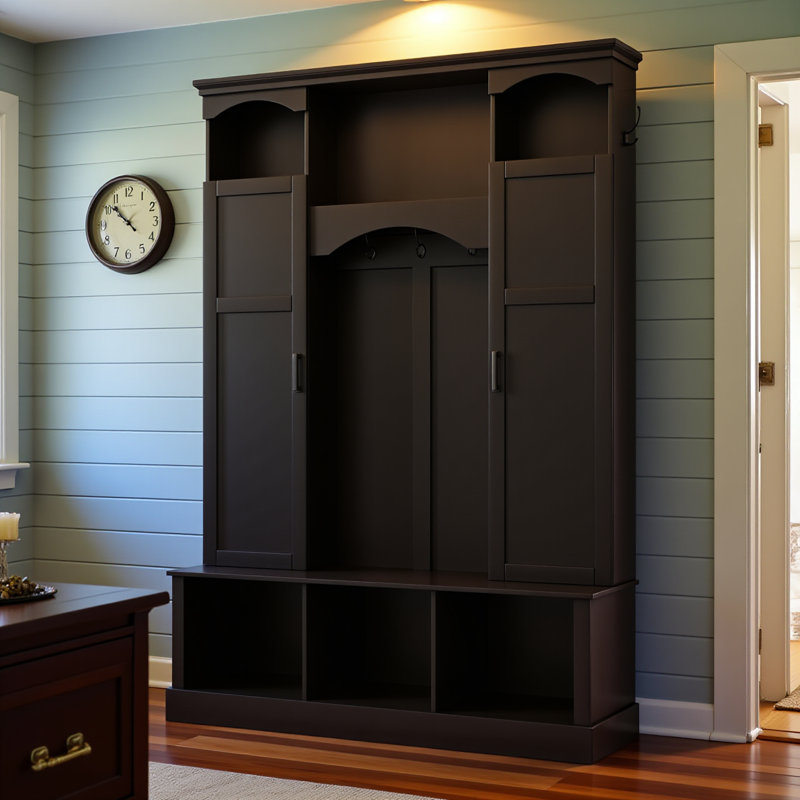 Modern All-in-one Hall Tree With Adjustable Shelves, Classic Arched Farmhouse Storage Bench With Dual Side Cabinets, Elegant Entryway Organizer With 7 Hooks For Mudroom, Hallway, Black