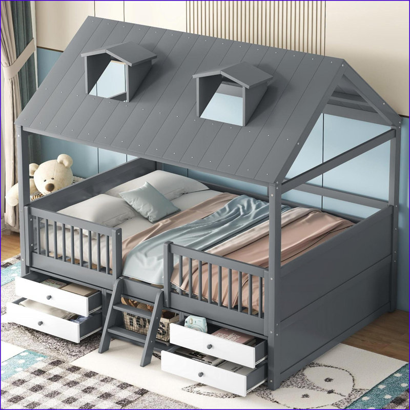 Structure de lit double en bois avec rangement, toit et amp; Échelle grise pour chambre à coucher, Lit double, Gris