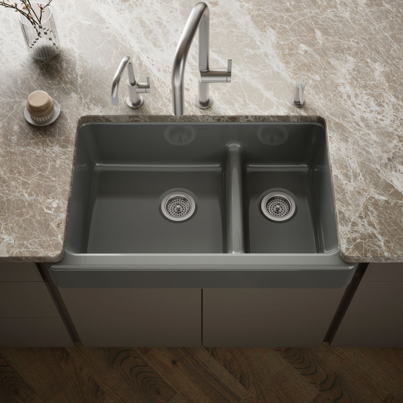 Évier de cuisine à double cuve à tablier frontal de style campagnard L 36 po x l 22 po Whitehaven®, Gris tonnerre