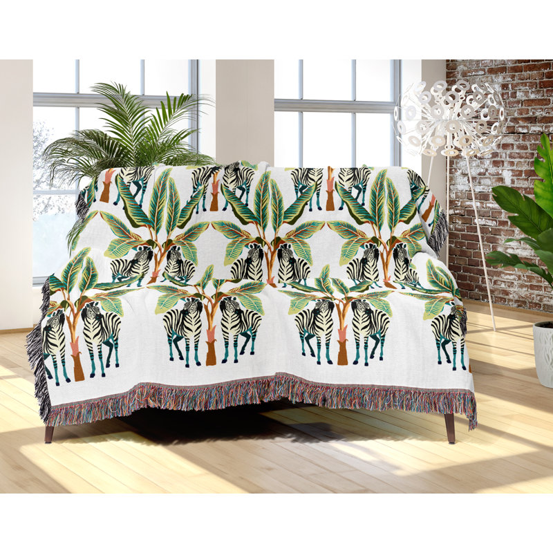 Jeté en mélange de coton Xavier Zebra, Noir / bleu sarcelle / chartreuse / blanc cassé, L 60 po x l 50 po