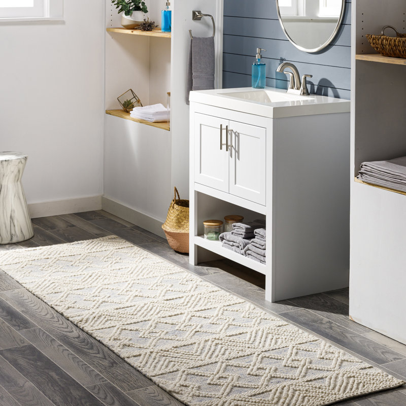 Tapis bleu / crème en laine tissé à plat à la main Tribeca, Tapis de couloir 2 pi 6 po x 8 pi