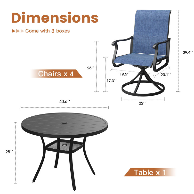 Elfur Round 4 - Person Outdoor Dining Set with 4 PVC-coated polyester Swivel Chairs, Black/Blue