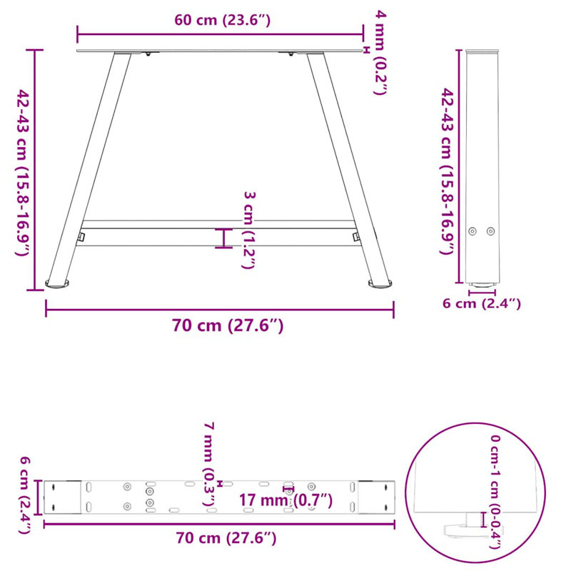 Sarbash Table Leg, 43cm H x 70cm W, Black