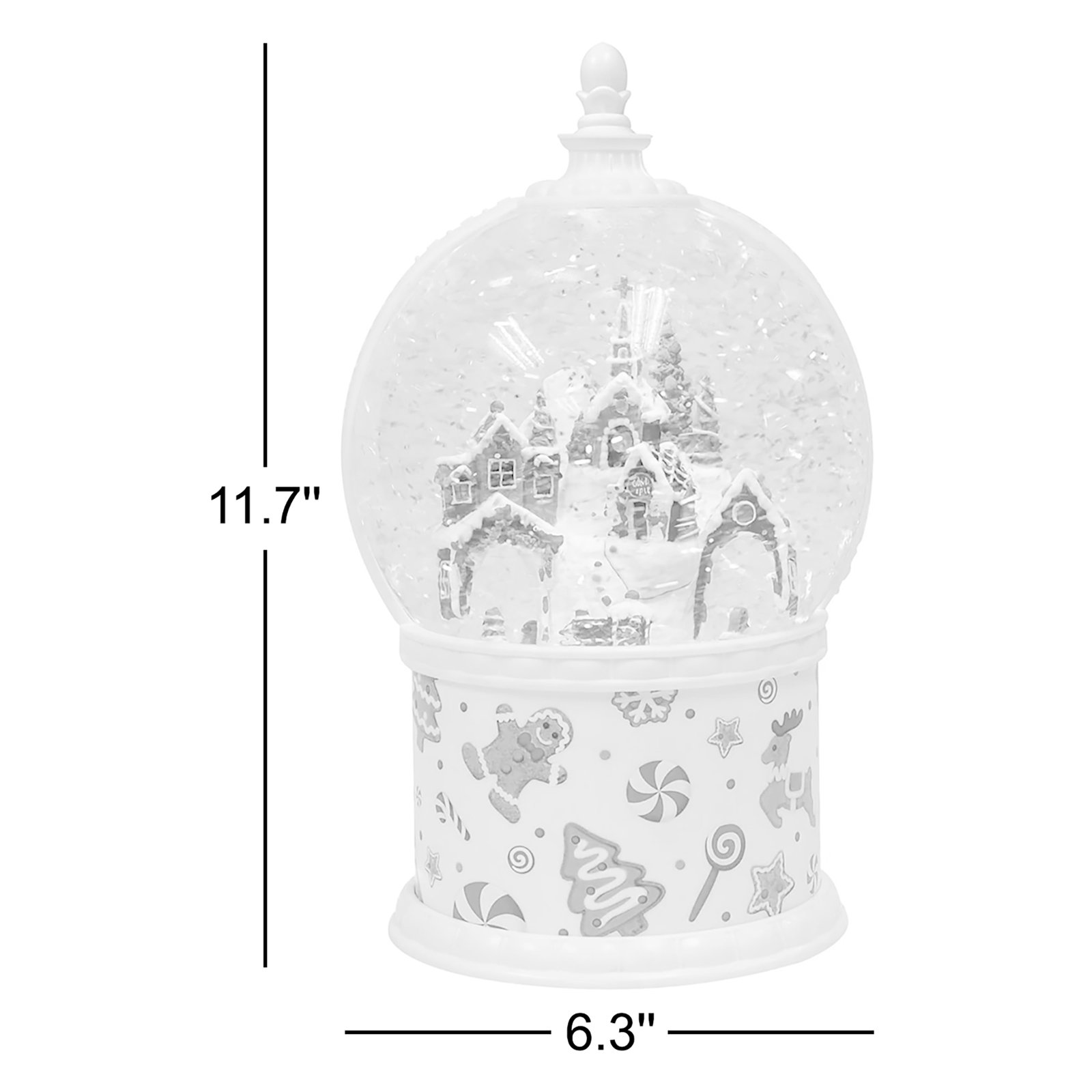 11.7“H Acrylic Gingerbread Globe - LED Lights, Water Spinning Glitter, Battery - Hand-Painted Resin