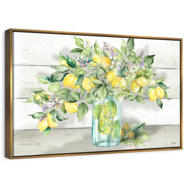 Aquarelle de citrons dans un pot Mason, 19 po x 13 po, Cadre flottant doré