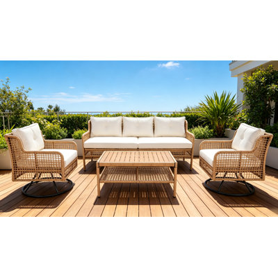 4-Piece All Weather Wicker Patio Conversation Set,360° Swivel Rocker Chairs  Storage Wood Coffee Table, 5-Seater Backyard Poolside Deck Outdoor Sofa