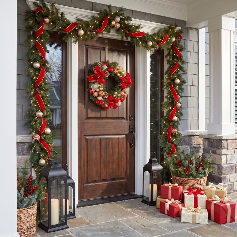 Festive Gold and Red Holiday Wreath with Ornaments and Ribbons.