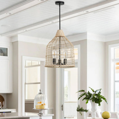Araya 3-Light BUlbs Woven Rattan Pendant Lamp Black Rope Hanging Pendant Light Fixture