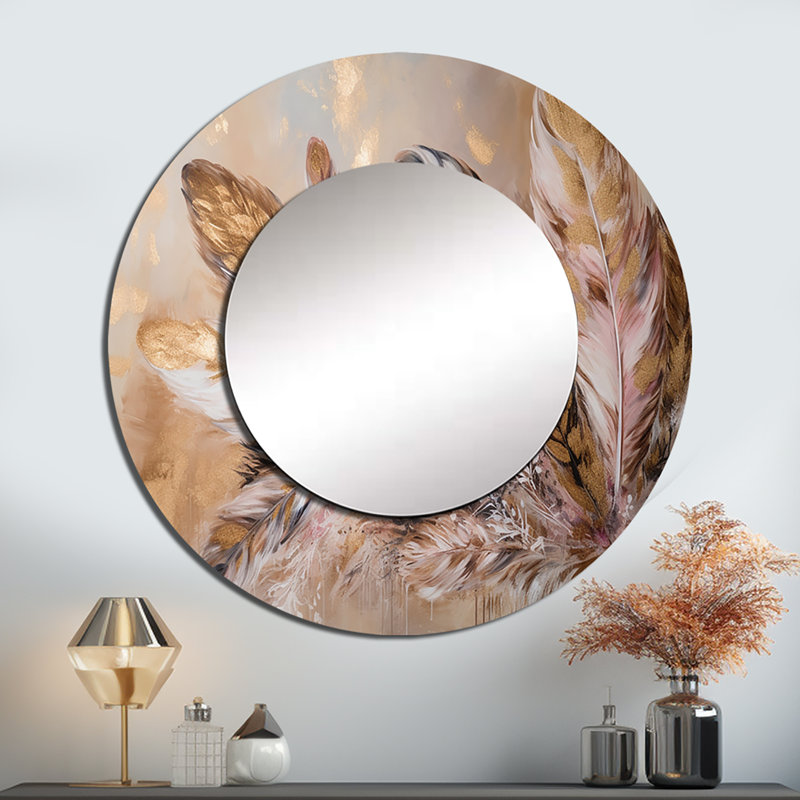 Silviana or plume Boho Majesty - décor de miroir mural unique en plumes Glam, grand miroir rond moderne, art imprimé en métal