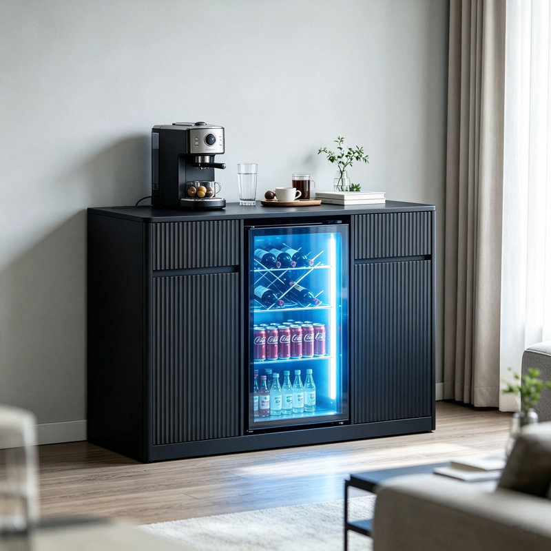 Buffet d'armoire de rangement sur le côté avec mini réfrigérateur, armoire à vin, station de charge et tablettes réglables, pour le salon de la cuisine