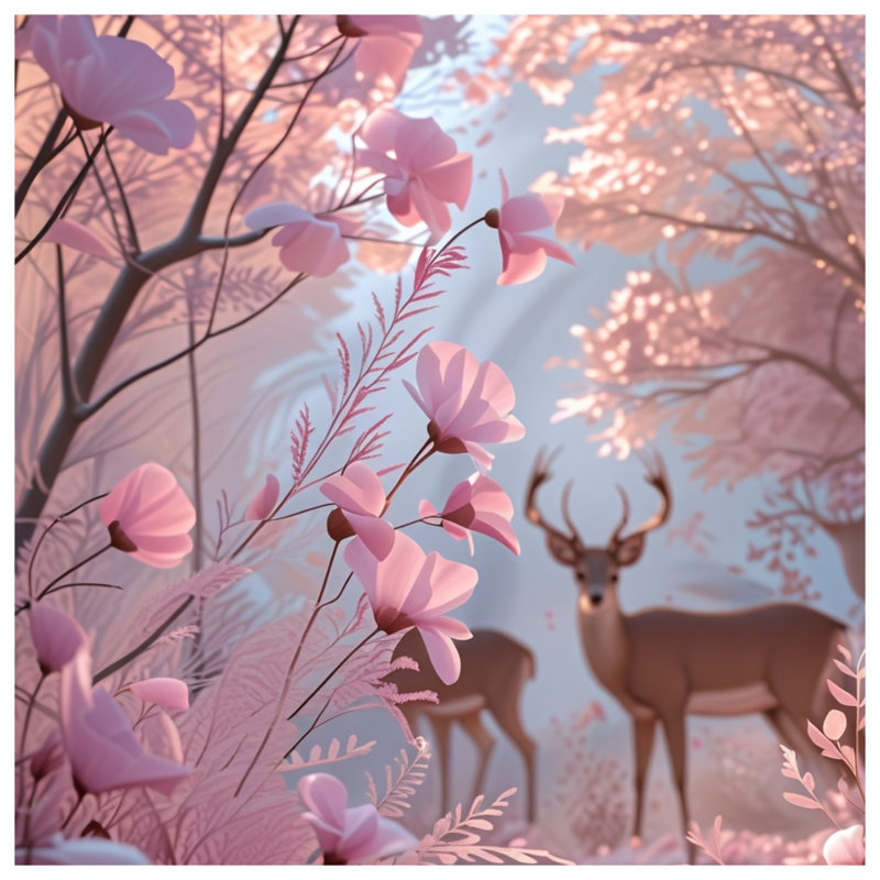 Cerf avec des couvertures de fleurs roses, 60in W x 80in H