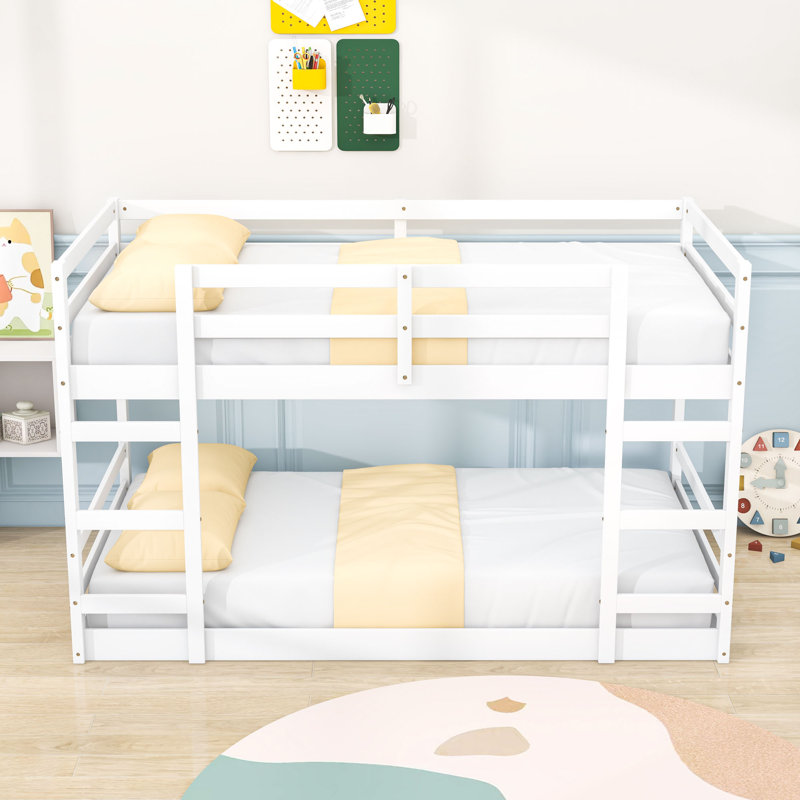 Wooden Bunk Bed With Slats And Ladder, Twin Over Twin, White