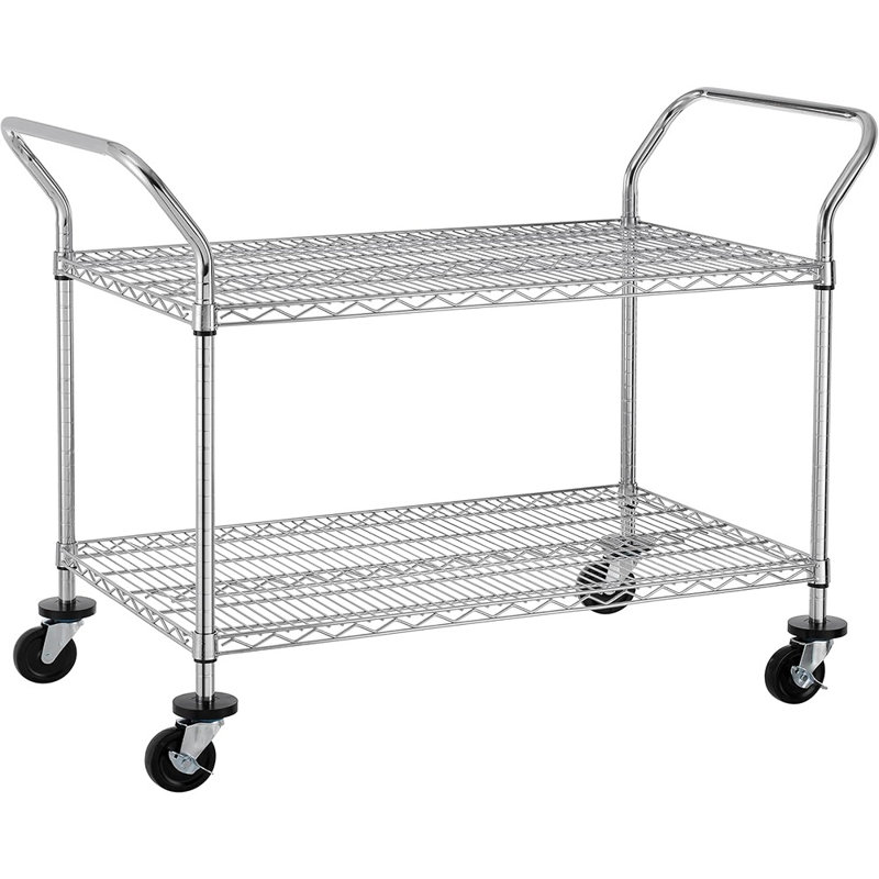 Chariot utilitaire roulant commercial robuste à 2 niveaux, capacité de 272 kg, tablettes métalliques avec poignées et roues verrouillables